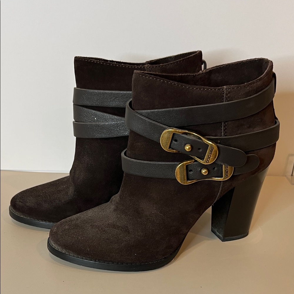 Jimmy Choo Dark Brown Suede Ankle Boots with Buckle Straps